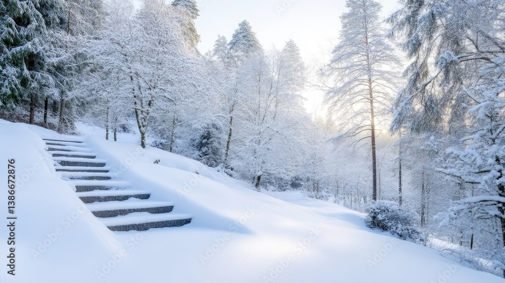 Fototapeta premium Stone steps ascend a snowy hillside, partially buried in a thick blanket of snow. Snow-covered trees form a tranquil winter forest backdrop. The high-resolution image uses natural light, creating a s