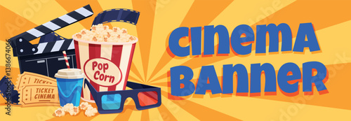 Colorful cinema banner featuring popcorn, film clapperboard, and tickets inviting movie lovers to an exciting film experience
