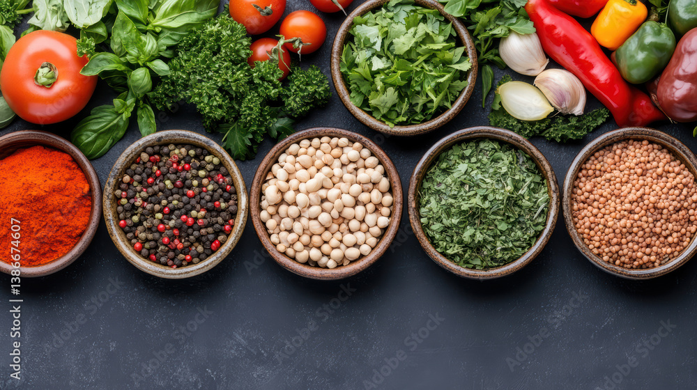 Fresh herbs, spices, and vegetables arranged in bowls create vibrant cooking scene Fresh herbs, spices, and vegetables arranged in bowls create vibrant cooking scene