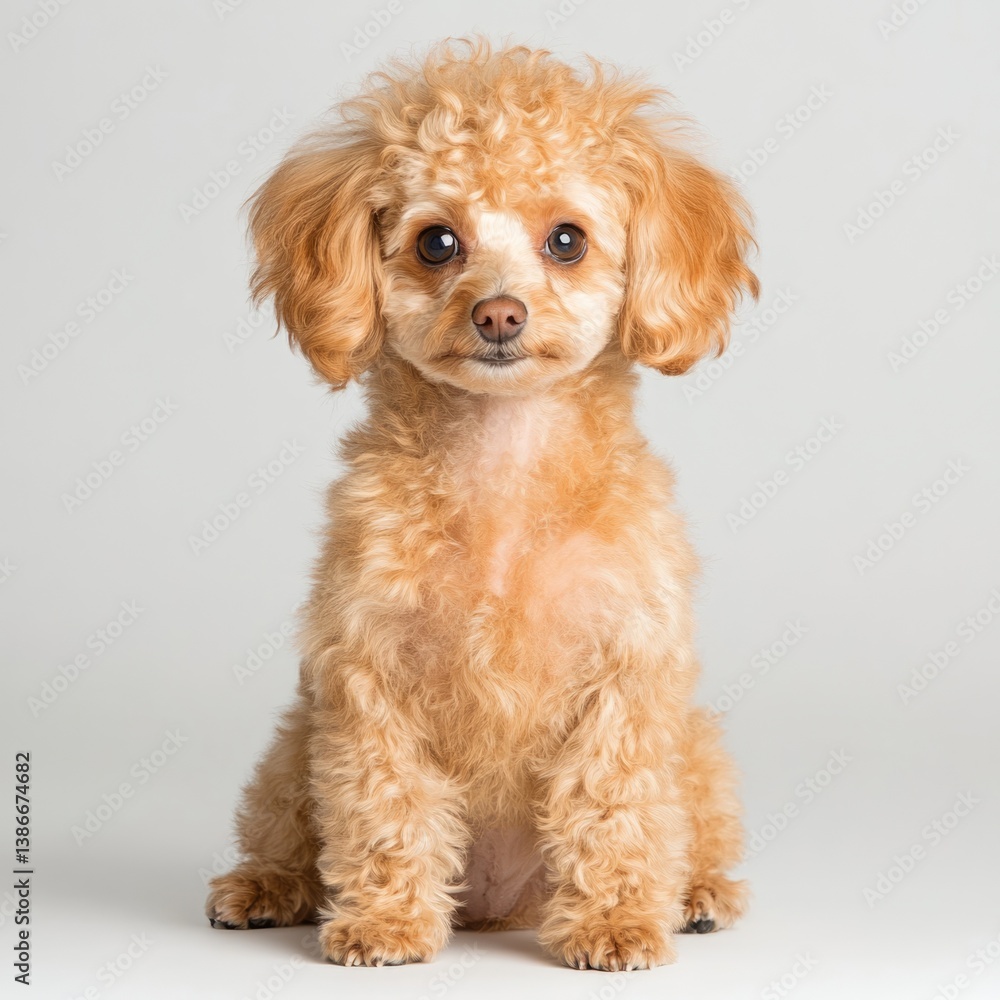 Playful poodle puppy indoor studio pet photography soft lighting front view cute companionship Playful poodle puppy indoor studio pet photography soft lighting front view cute companionship