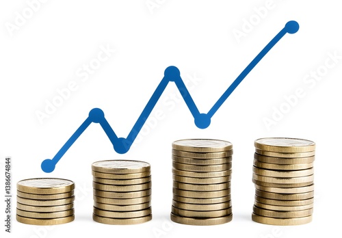 Growing Profits: Stacked Coins with Rising Blue Line Graph.
