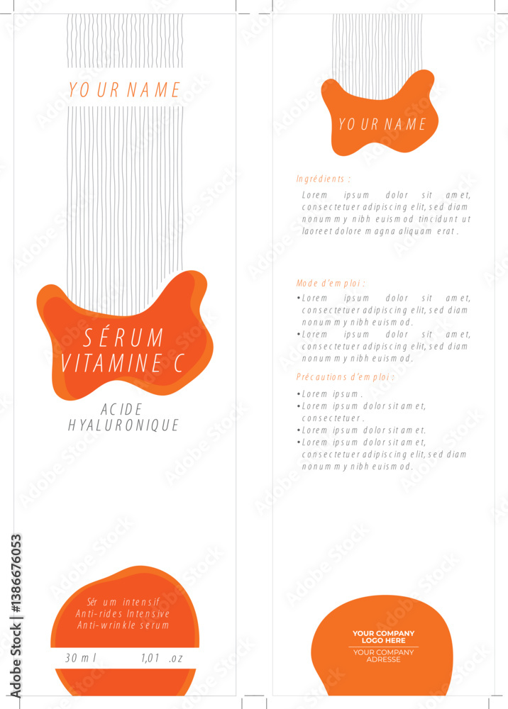 Label template for Vitamin C + Hyaluronic Acid serum, ideal for skincare and cosmetic brands. Sized for a 30 ml dropper bottle