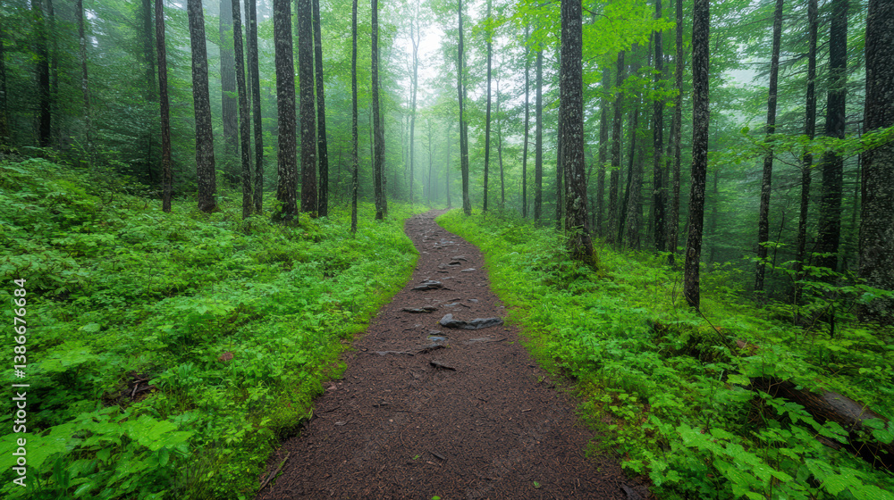 Obraz premium serene forest trail surrounded by lush greenery and misty atmosphere invites exploration