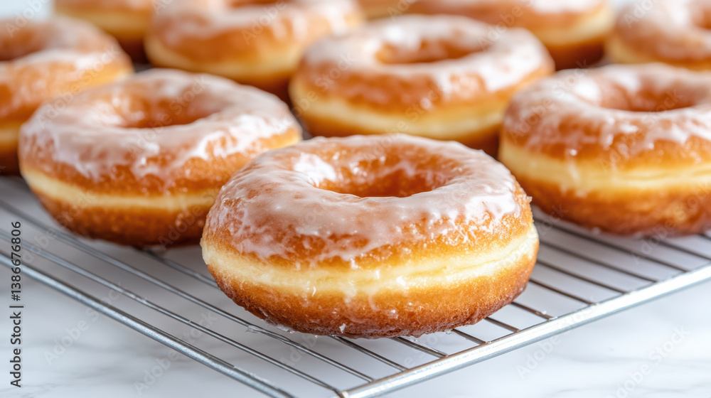 Fresh classic glazed donuts cooling on rack, tempting and deliciously sweet Fresh classic glazed donuts cooling on rack, tempting and deliciously sweet