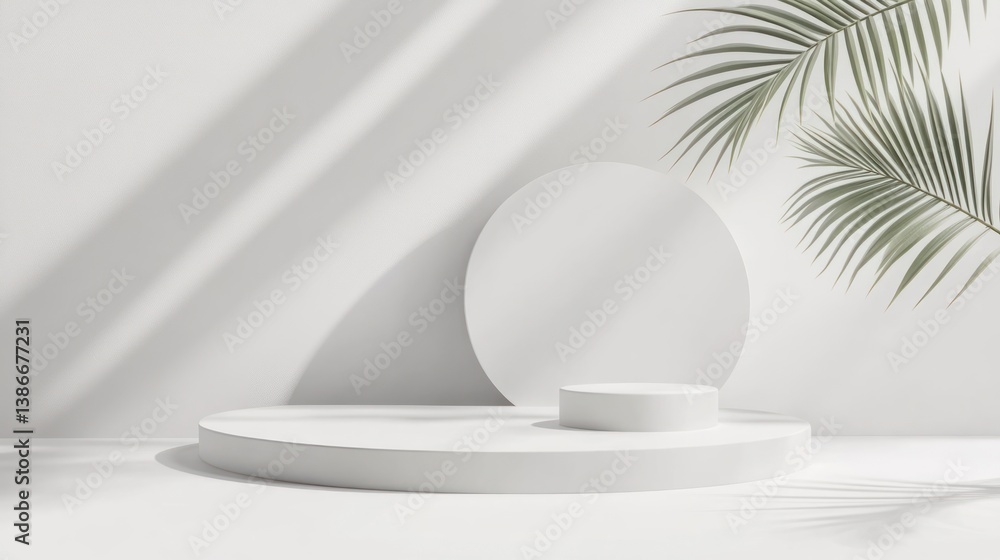 White product display podium with tropical leaf shadows White product display podium with tropical leaf shadows