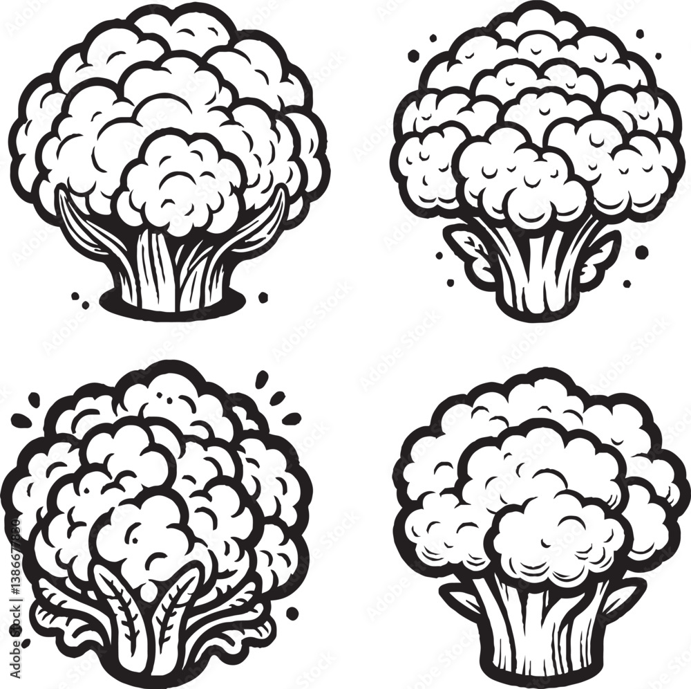 Artistic Cauliflower Illustrations – Intricate Black-and-White Hand-Drawn Designs Artistic Cauliflower Illustrations – Intricate Black-and-White Hand-Drawn Designs