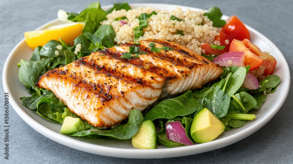 Grilled fish served bed of fresh greens with quinoa and colorful vegetables creates healthy meal Grilled fish served bed of fresh greens with quinoa and colorful vegetables creates healthy meal
