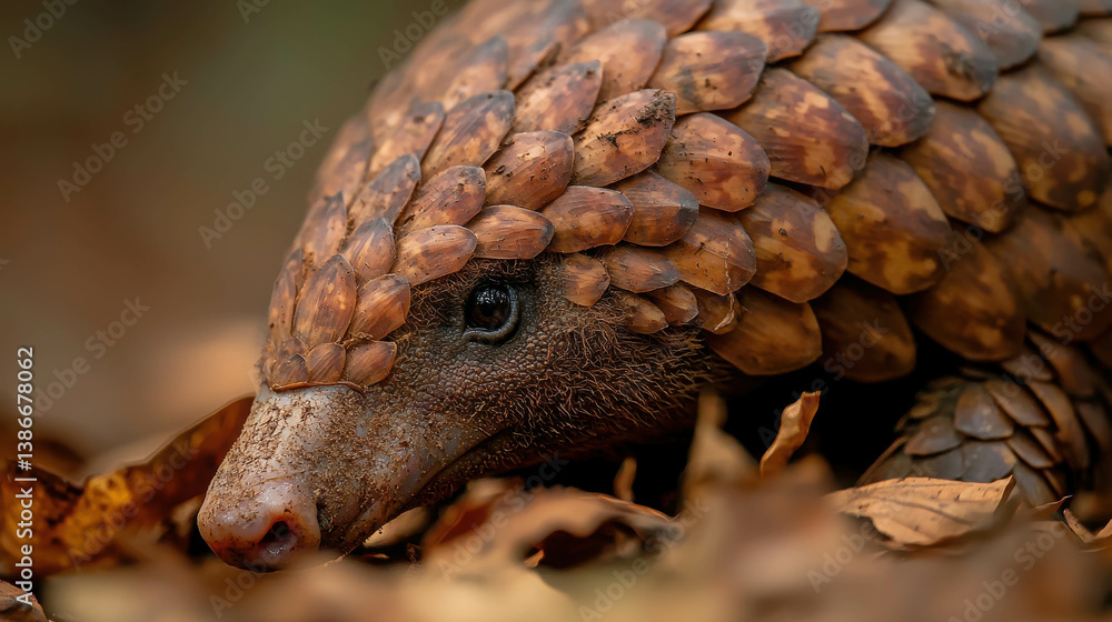 Obraz premium Close-Up of a Pangolin Among Fallen Leaves in a Natural Forest Setting