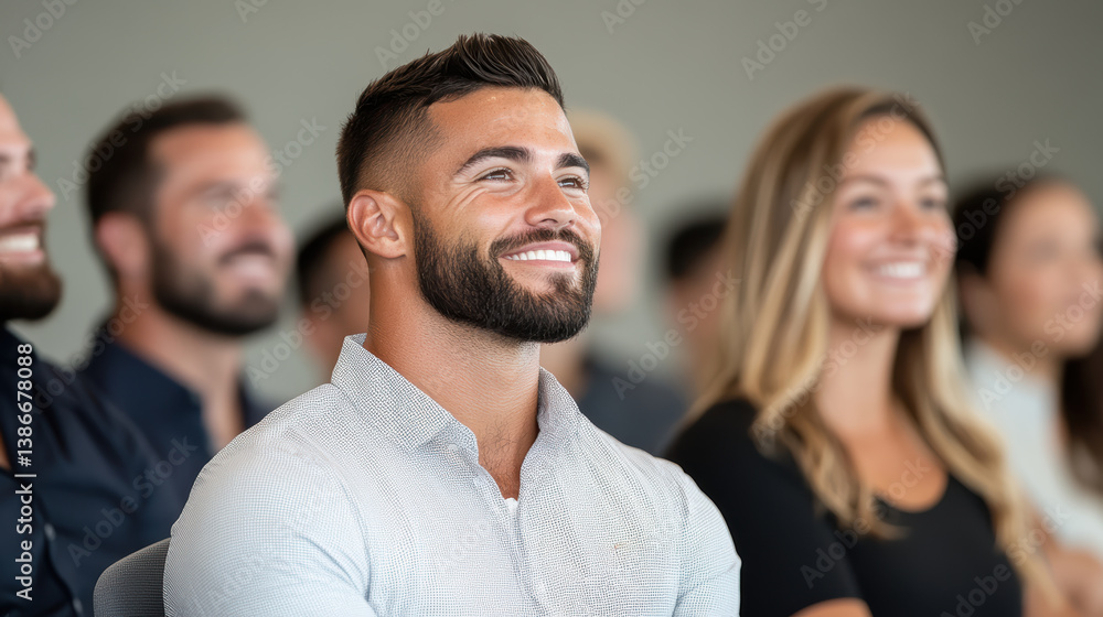 Fototapeta premium Engaged audience members smiling during presentation, showcasing positive emotions