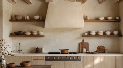 Wallpaper Mural Neutral Minimalist Kitchen Interior Design with Wooden Shelves and Ceramic Bowls Torontodigital.ca