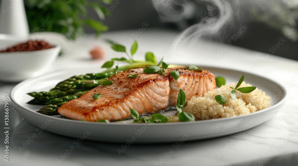 A plate of grilled salmon with a side of quinoa and steamed asparagus A plate of grilled salmon with a side of quinoa and steamed asparagus