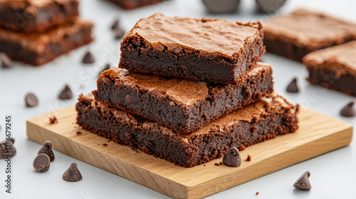 Delicious brownie stack with rich chocolate layers and chocolate chips