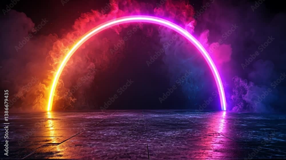 Vibrant neon rainbow arch glowing in a misty environment