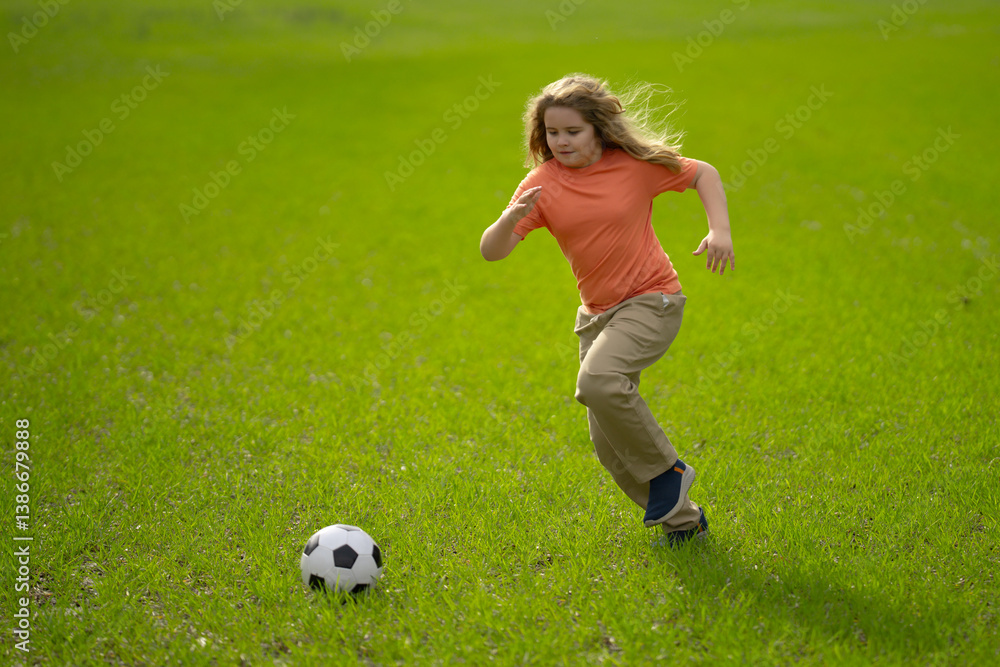 Child playing football in park. Child kicking a football ball on the field. Child running with a football ball. Children playing soccer. Child play football on grass. Summer kids sport. Soccer game. Child playing football in park. Child kicking a football ball on the field. Child running with a football ball. Children playing soccer. Child play football on grass. Summer kids sport. Soccer game.