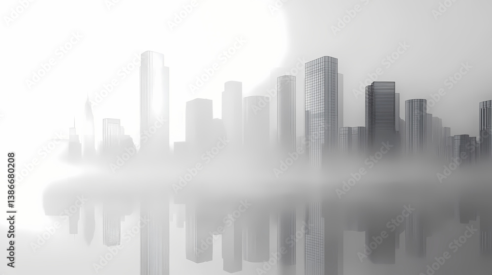 Naklejka premium Monochrome cityscape shrouded in fog with tall buildings present. Shrouded Emptiness. Illustration