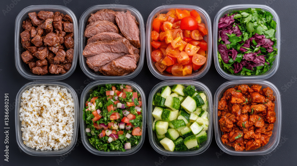 Meal prep layout featuring high protein ingredients and fresh vegetables for healthy eating Meal prep layout featuring high protein ingredients and fresh vegetables for healthy eating