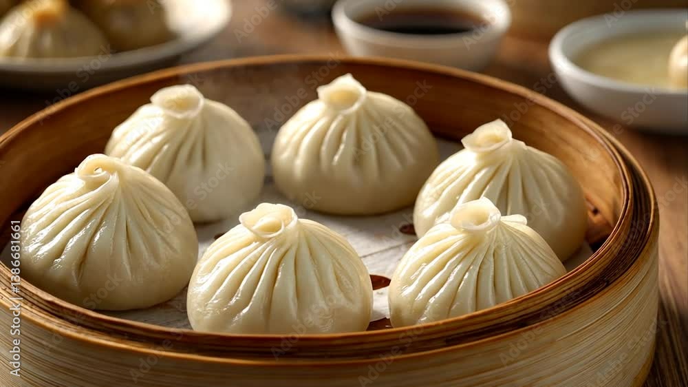 Steaming Soup Dumplings in a Bamboo Steamer: Authentic Asian Cuisine Steaming Soup Dumplings in a Bamboo Steamer: Authentic Asian Cuisine