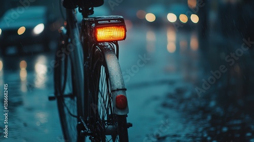 Fototapeta Naklejka Na Ścianę i Meble -  white rear lamp on a bicycle in the rain.
