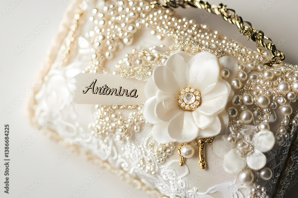 Fototapeta premium Elegant Embellishment: Exquisite close-up shot of a delicate handcrafted purse adorned with lustrous pearls, intricate lacework, and a charming floral accent. This evokes feelings of luxury, style.