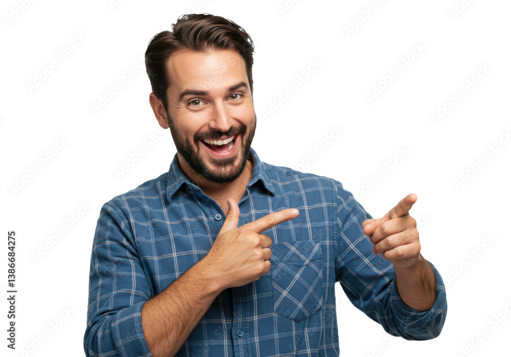 Man in blue plaid shirt pointing with both hands and smiling broadly at camera Man in blue plaid shirt pointing with both hands and smiling broadly at camera