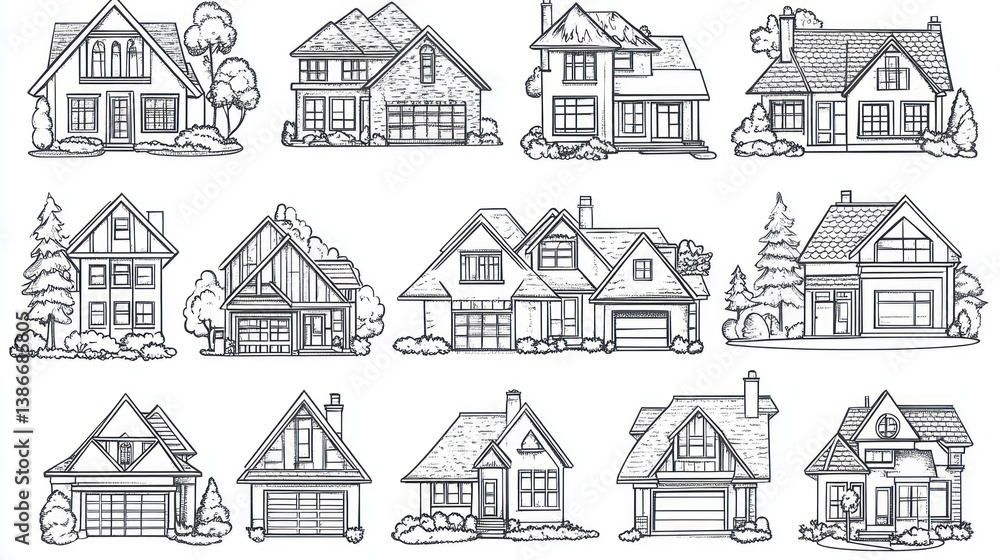 Various house styles in black and white line drawings Various house styles in black and white line drawings