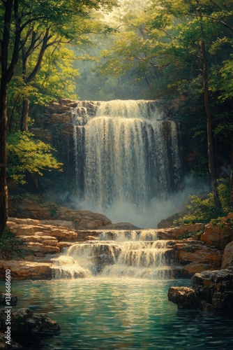 Cascading Waterfall in Lush Forest