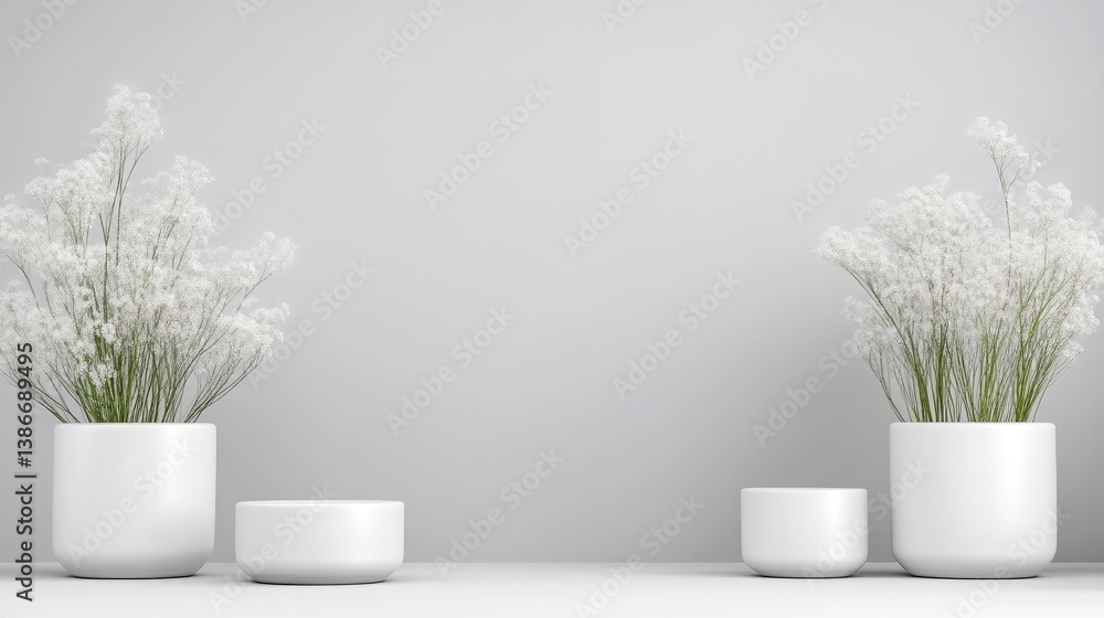 Two white ceramic vases hold white flowers smaller white cylindrical containers flank them. The image features a minimalist composition against a light gray background. The lighting is even and sof Two white ceramic vases hold white flowers smaller white cylindrical containers flank them. The image features a minimalist composition against a light gray background. The lighting is even and sof