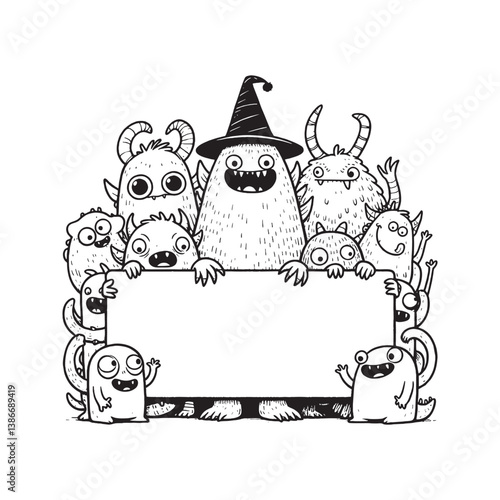 Cartoon illustration of various comical monsters showcasing a blank sign for adding custom text, perfect for creative or advertising use. The monochromatic design and whimsical creatures add a playful