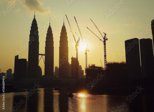 City Skyline Silhouette with Cranes at Golden Sunset Over Reflecting Water