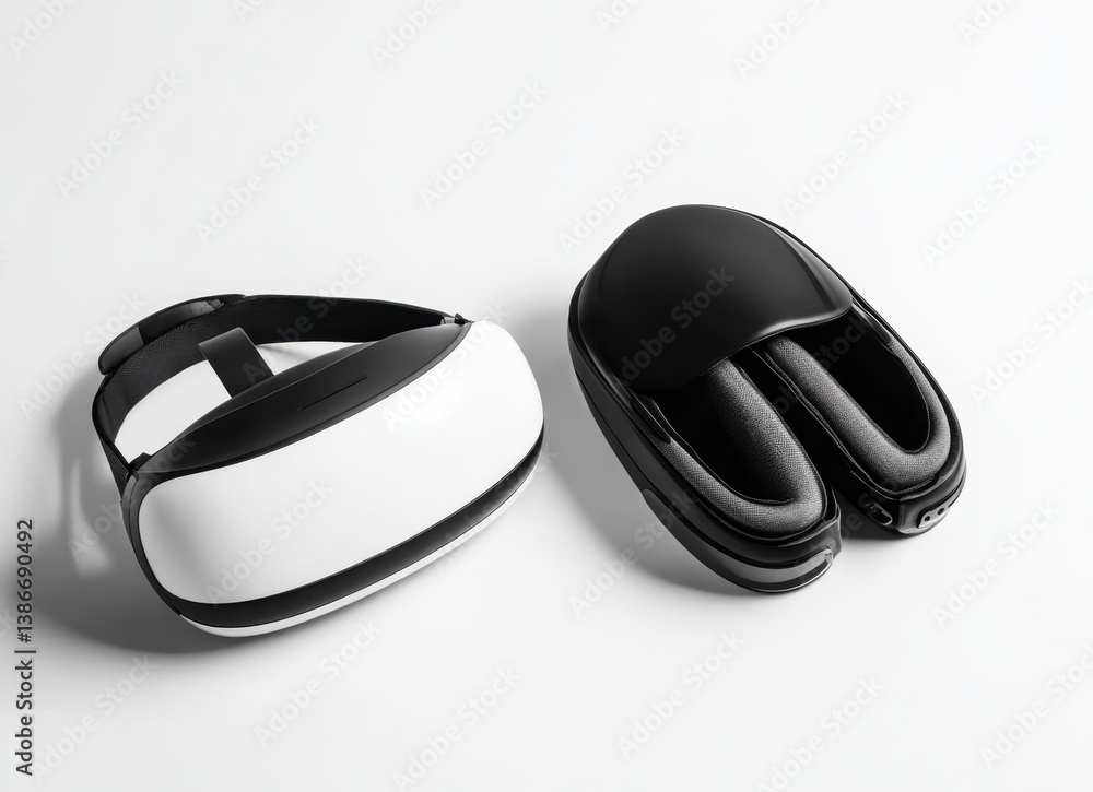Virtual Reality Headset and Case on White Surface for Immersive Gaming Virtual Reality Headset and Case on White Surface for Immersive Gaming