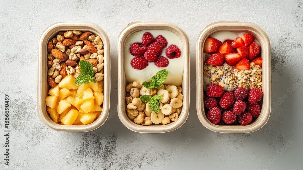 Minimalist boxed meal with fresh fruits, nuts, and yogurt, perfect for fitness enthusiasts and health-conscious consumers, premium quality food. Minimalist boxed meal with fresh fruits, nuts, and yogurt, perfect for fitness enthusiasts and health-conscious consumers, premium quality food.