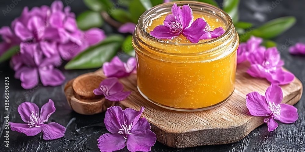 Floral Honey Jar on Dark Surface