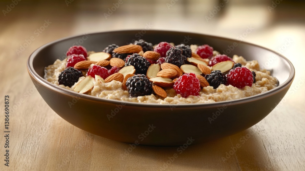 A warm bowl of oatmeal with almonds, honey, and berries. Featuring wholesome breakfasts A warm bowl of oatmeal with almonds, honey, and berries. Featuring wholesome breakfasts