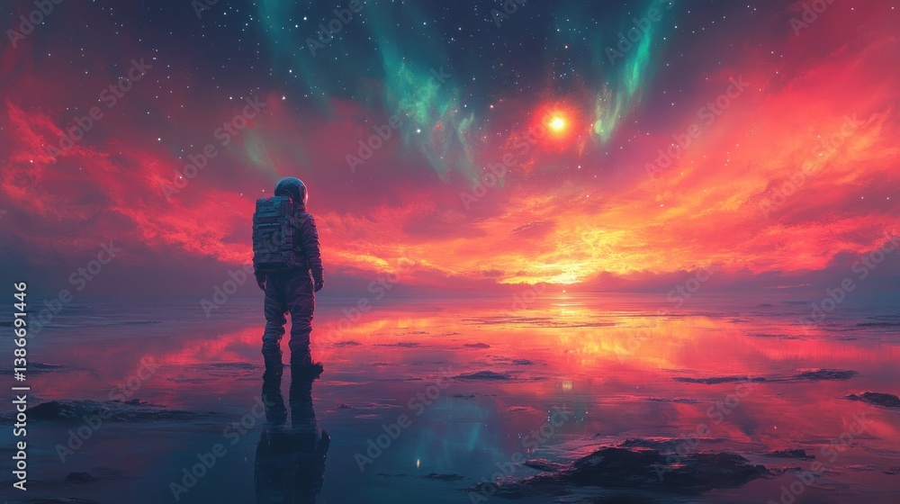 Obraz premium Astronaut on Alien Landscape Gazing at Glowing Celestial Orb with Ethereal Auroras