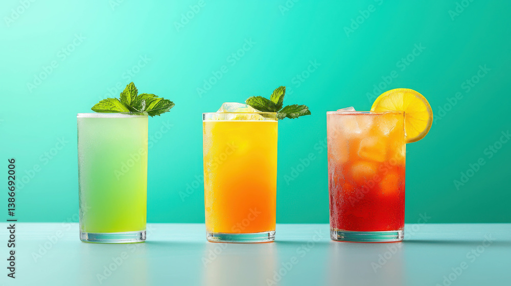 Refreshing Colorful Summer Drinks with Mint and Citrus on Vibrant Background Refreshing Colorful Summer Drinks with Mint and Citrus on Vibrant Background