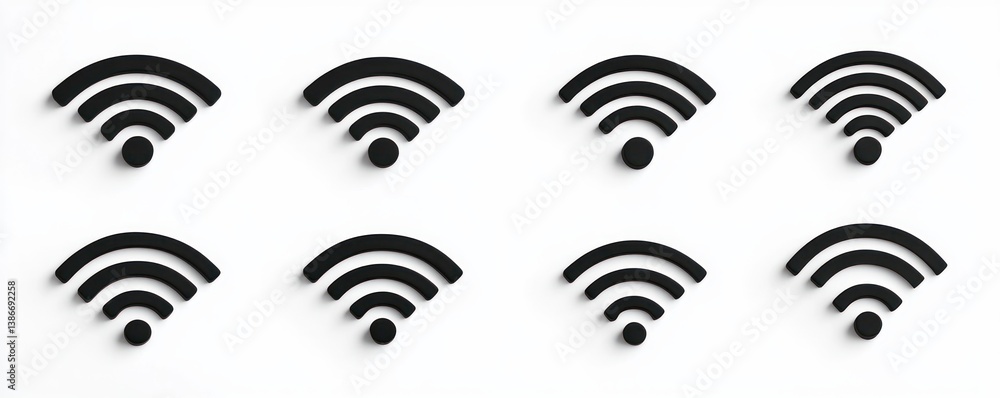 Minimalistic Wi-Fi Icon Set in Black and White Shapes with Clean Flat Design for Technology Applications