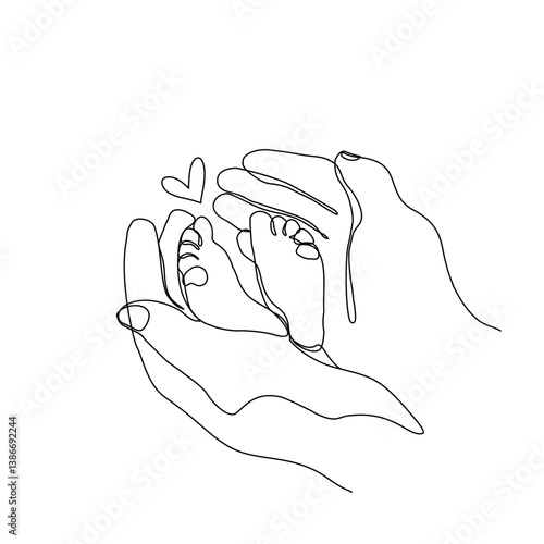 Continuous Drawing of Mother's Hand and baby feet with one line vector art. Baby newborn feet and hand line art with heart shaped.