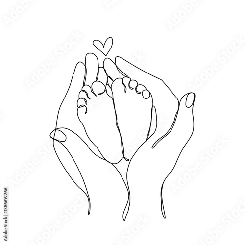 Continuous Drawing of Mother's Hand and baby feet with one line vector art. Baby newborn feet and hand line art with heart shaped.