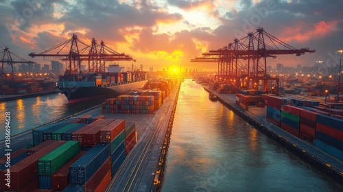 Wallpaper Mural Golden Hour at the Port: Container Ships and Cranes at Sunset Torontodigital.ca