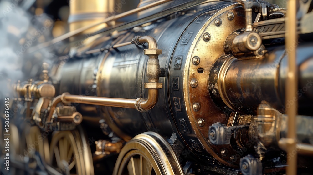 Fototapeta premium vintage steam locomotive, emphasizing the powerful machinery, aged brass details, and the steam rising from the exhaust, portraying the grandeur of a bygone era.
