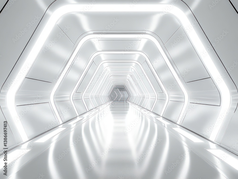 Obraz premium Futuristic Minimalist Symmetrical Hallway with White Neon Lighting and Glossy Surfaces