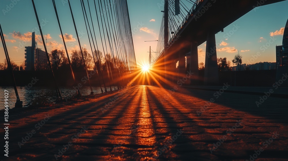Obraz premium dramatic sunset shot of a steel cable bridge, its shadows casting intricate patterns over the riverbed.