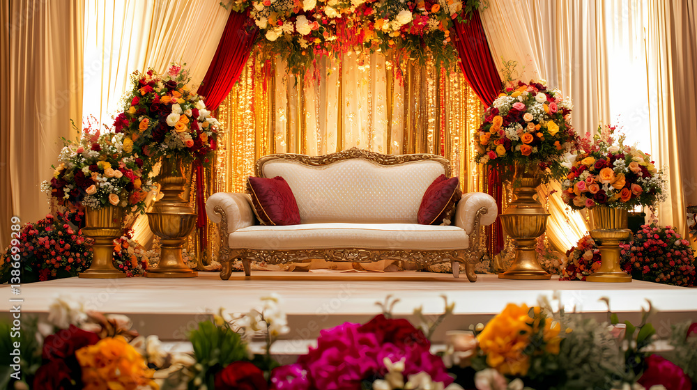 Fototapeta premium Elegant Wedding Stage: a stage meticulously adorned with vibrant floral arrangements, golden accents, and rich textures to evoke feelings of love and celebration.