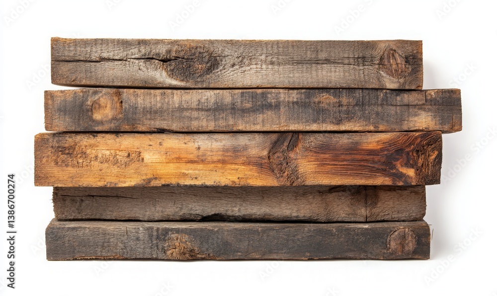 Fototapeta premium Stack of Weathered Wooden Planks Isolated on White Background - Perfect for Rustic Decor or Construction Concepts, Ideal for Designers and Builders Seeking Natural Textures.