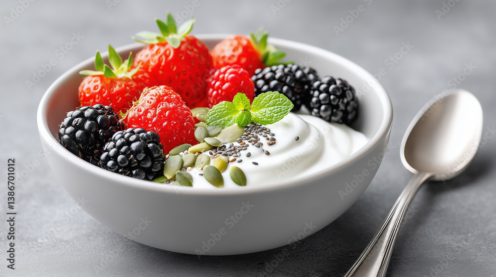 Halthy breakfast bowl featuring fresh strawberries, blackberries, creamy yogurt, and sprinkle of seeds, garnished with mint leaves, served in white bowl with spoon Halthy breakfast bowl featuring fresh strawberries, blackberries, creamy yogurt, and sprinkle of seeds, garnished with mint leaves, served in white bowl with spoon