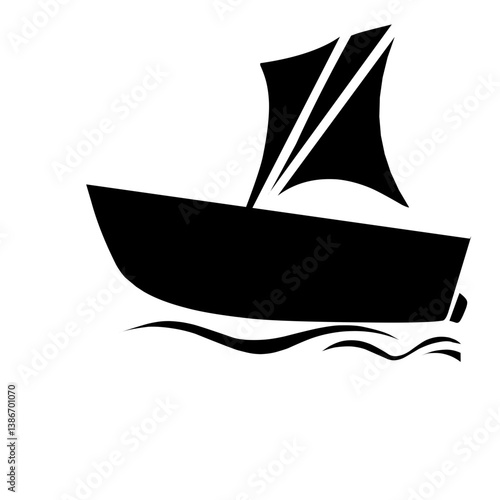 Minimalist illustration of a sailboat on calm waters, with a serene background of distant hills