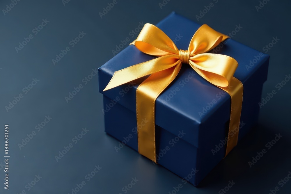 Gold satin ribbon wraps around a dark blue gift box, ribbon wrapping, decorative item Gold satin ribbon wraps around a dark blue gift box, ribbon wrapping, decorative item