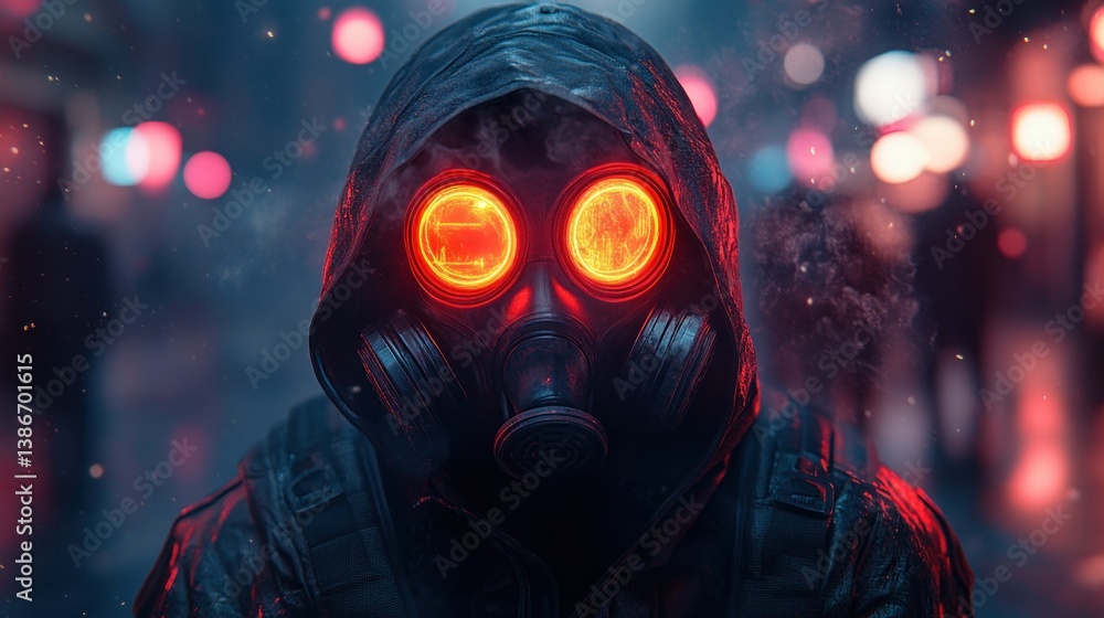 Cyberpunk Girl in Gas Mask with Neon Accents Wearing Leather Hoodie Futuristic Illustration Cyberpunk Girl in Gas Mask with Neon Accents Wearing Leather Hoodie Futuristic Illustration