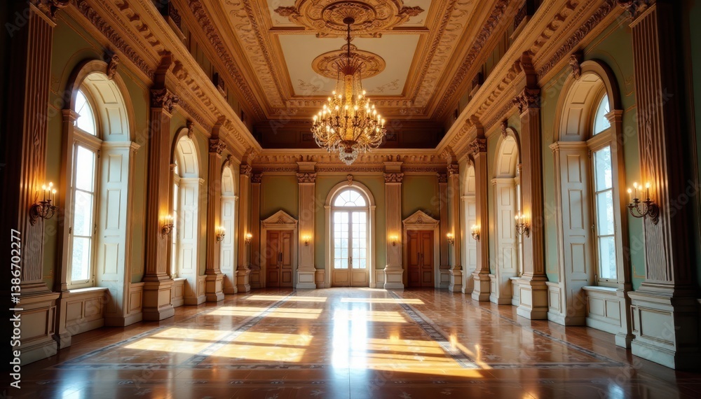 Fototapeta premium Grand Hall with high ceiling and ornate chandelier, royal, palace
