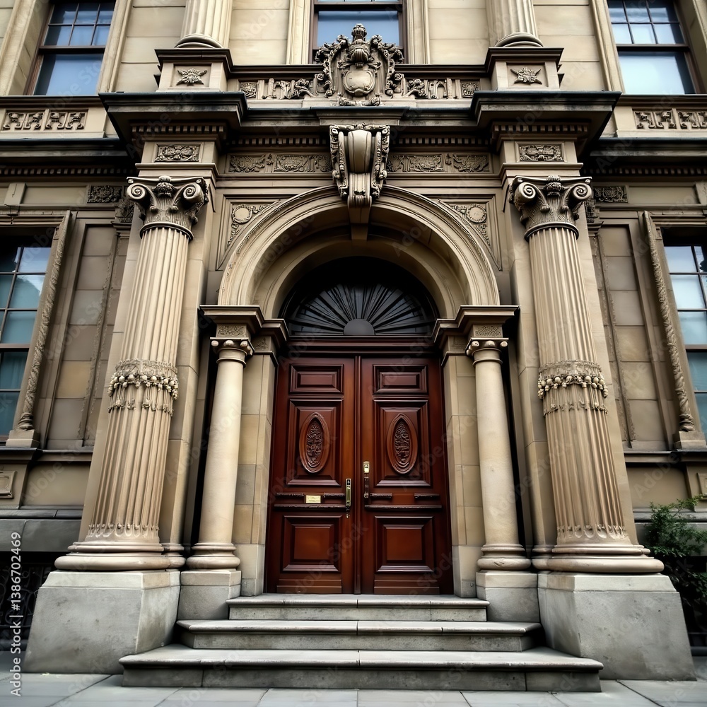 Obraz premium Grandiose stone fa?ade with intricate carvings and ornate details, mansion architecture, gargoyles